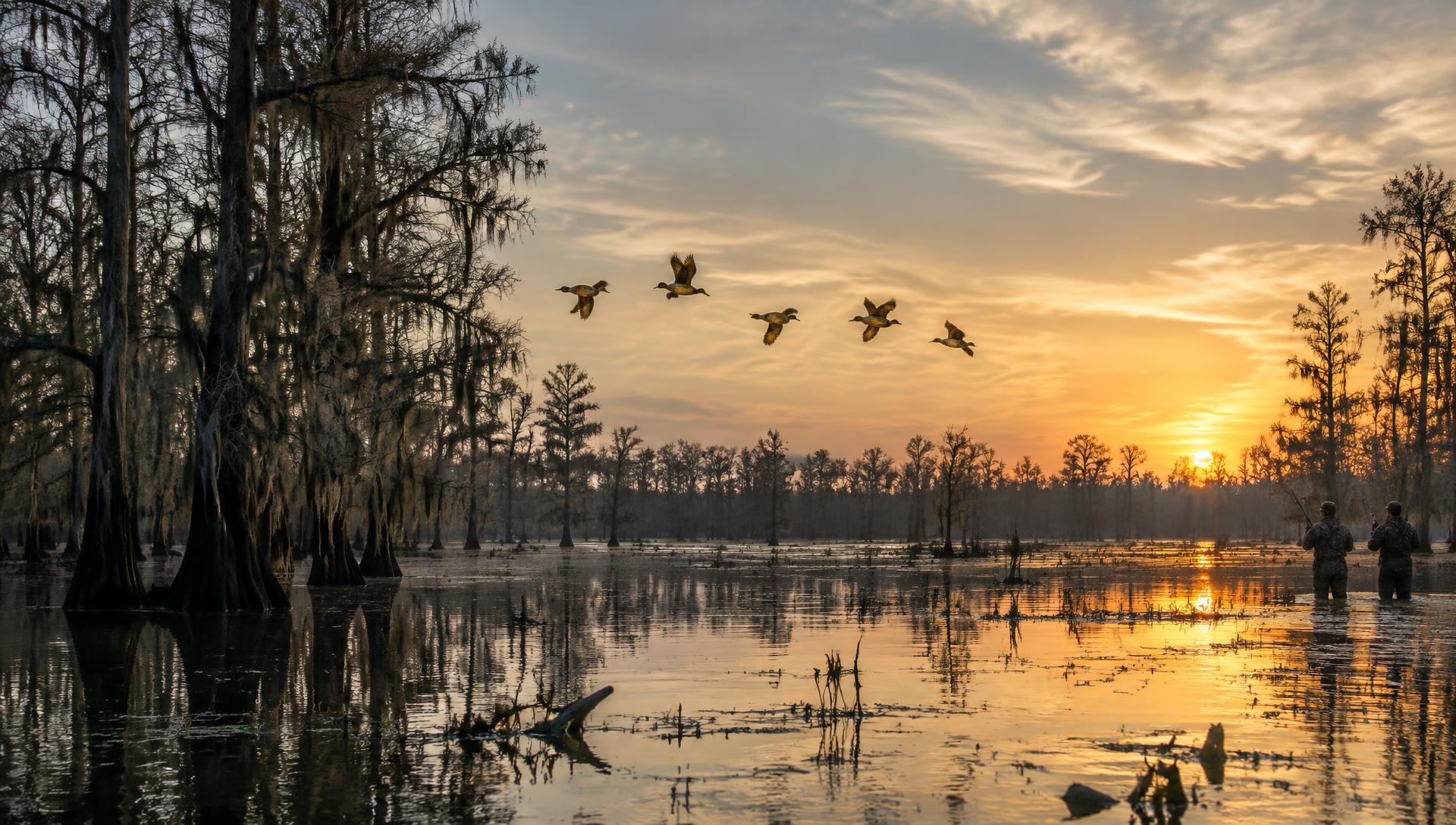 Mallards flying over flooded cypress timber at sunrise